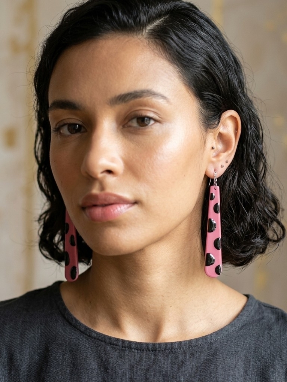 Handmade Whimsical Pink Cow Print Acrylic Bar Dangle Earrings 2" Lightweight
